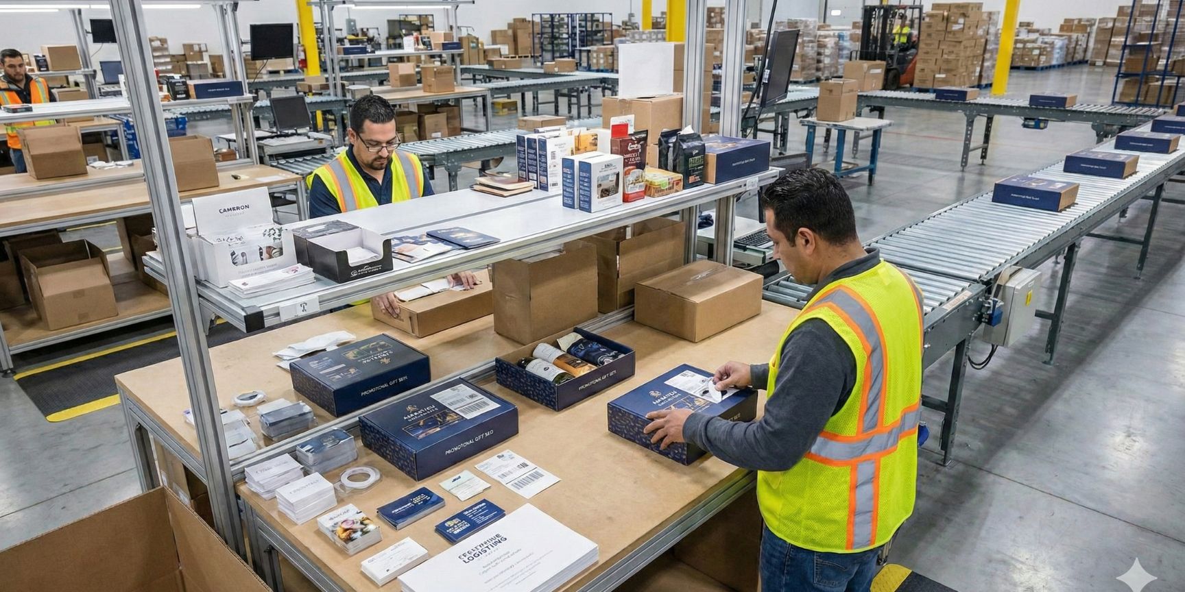 Zwei Lagermitarbeiter in Warnwesten arbeiten an einer ergonomischen Packstation in einem Kontraktlogistiklager. Sie führen einen Value Added Service durch, indem sie Produkte in spezielle Geschenkboxen konfektionieren und etikettieren. Ein Förderband transportiert die fertigen Pakete weiter